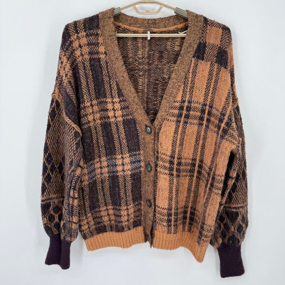 Free People Sepia Plaid Jacquard Oversize Cardigan Grandpa Size Medium - Picture 2 of 9